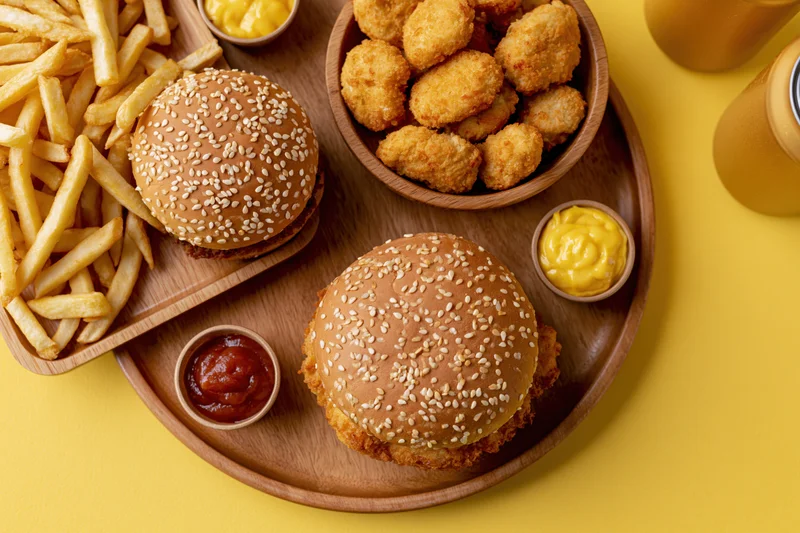 Overhead view of burgers, fries, chicken nuggets and condiments arranged on wooden trays on a yellow surface
