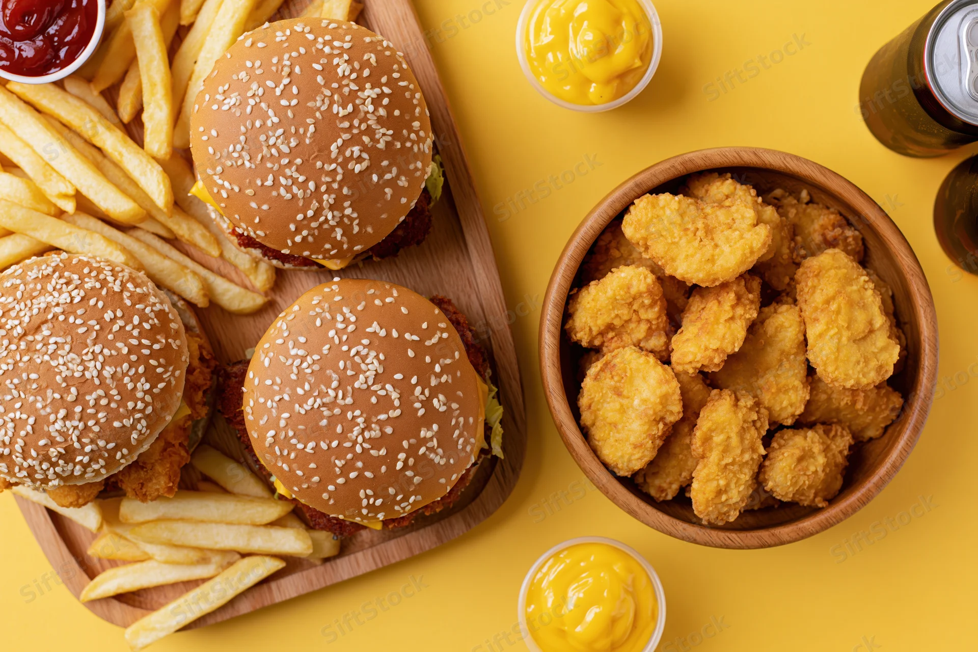 Overhead view of burgers, fries, chicken nuggets, condiments and soda arranged on a yellow surface with copyspace