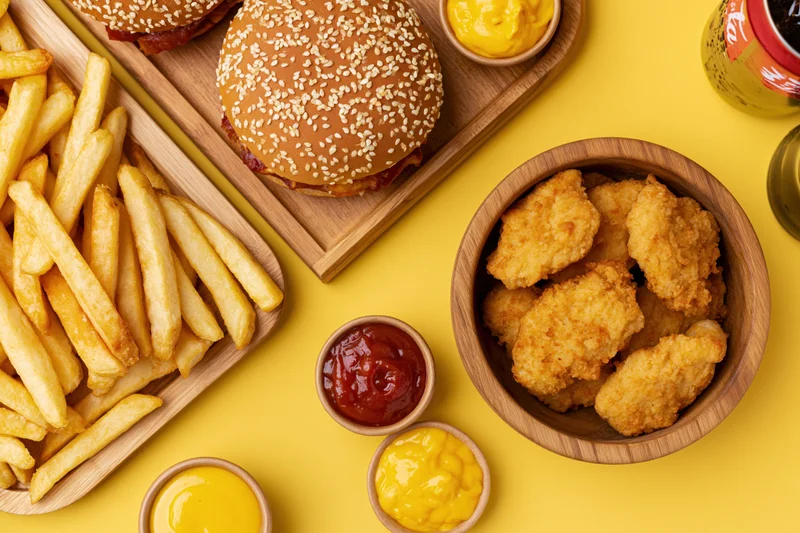 Overhead view of fast food meal with burgers, fries, chicken nuggets and condiments on yellow surface