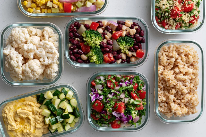 Multiple glass meal prep containers arranged on a white countertop with various healthy foods inside