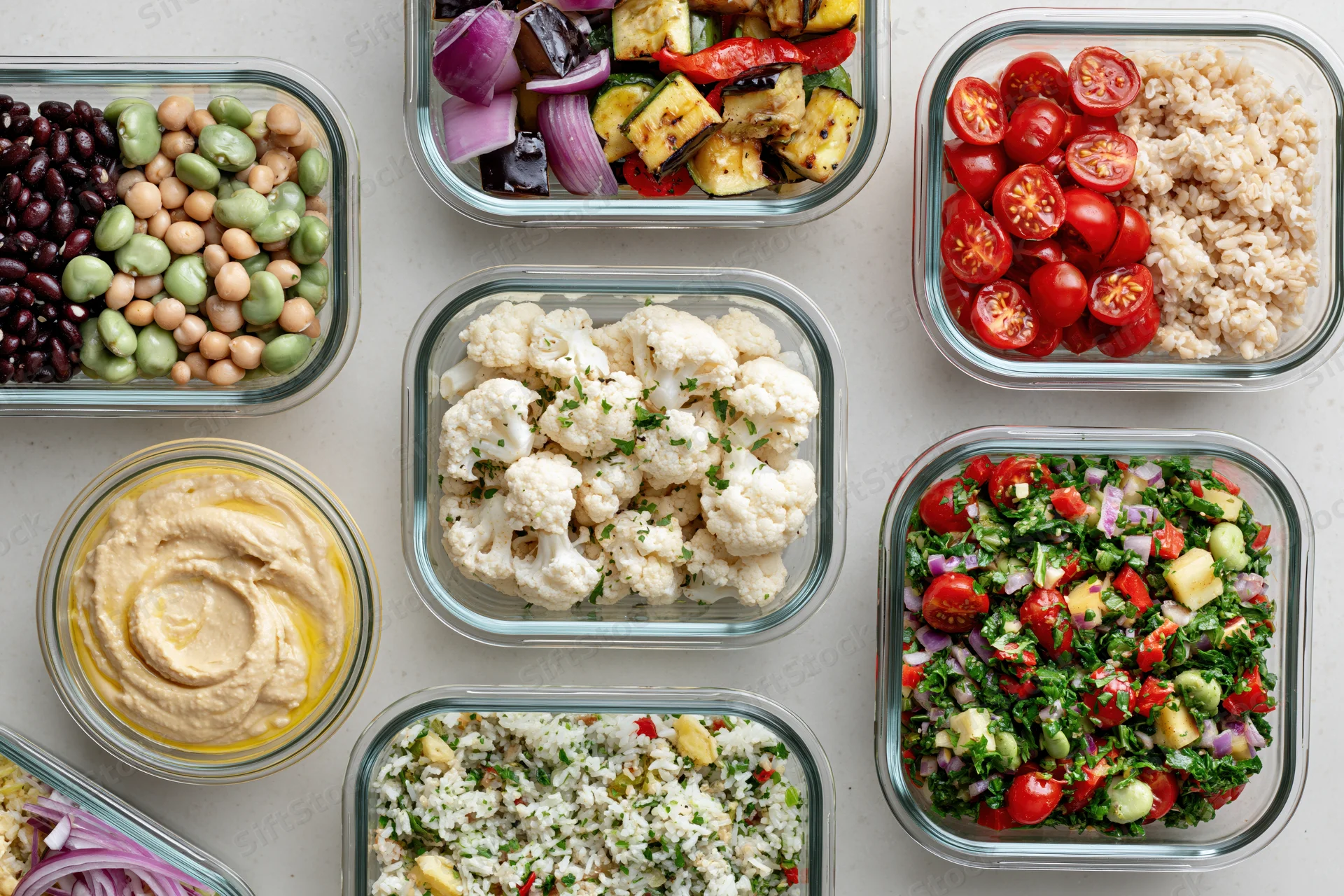 Glass containers filled with assorted healthy meals arranged on a countertop in a flat lay overhead view
