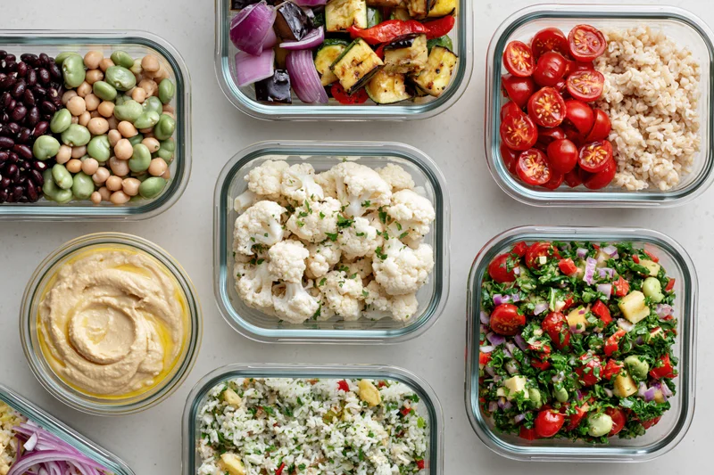 Glass containers filled with assorted healthy meals arranged on a countertop in a flat lay overhead view