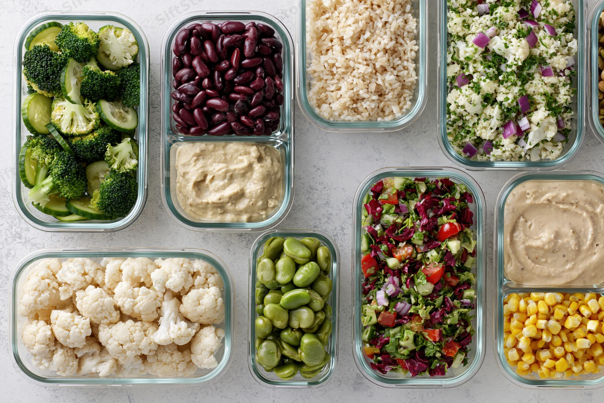 Multiple glass meal prep containers arranged on a white countertop with various healthy foods inside