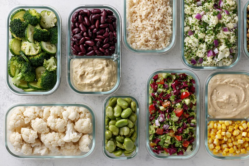 Multiple glass meal prep containers arranged on a white countertop with various healthy foods inside