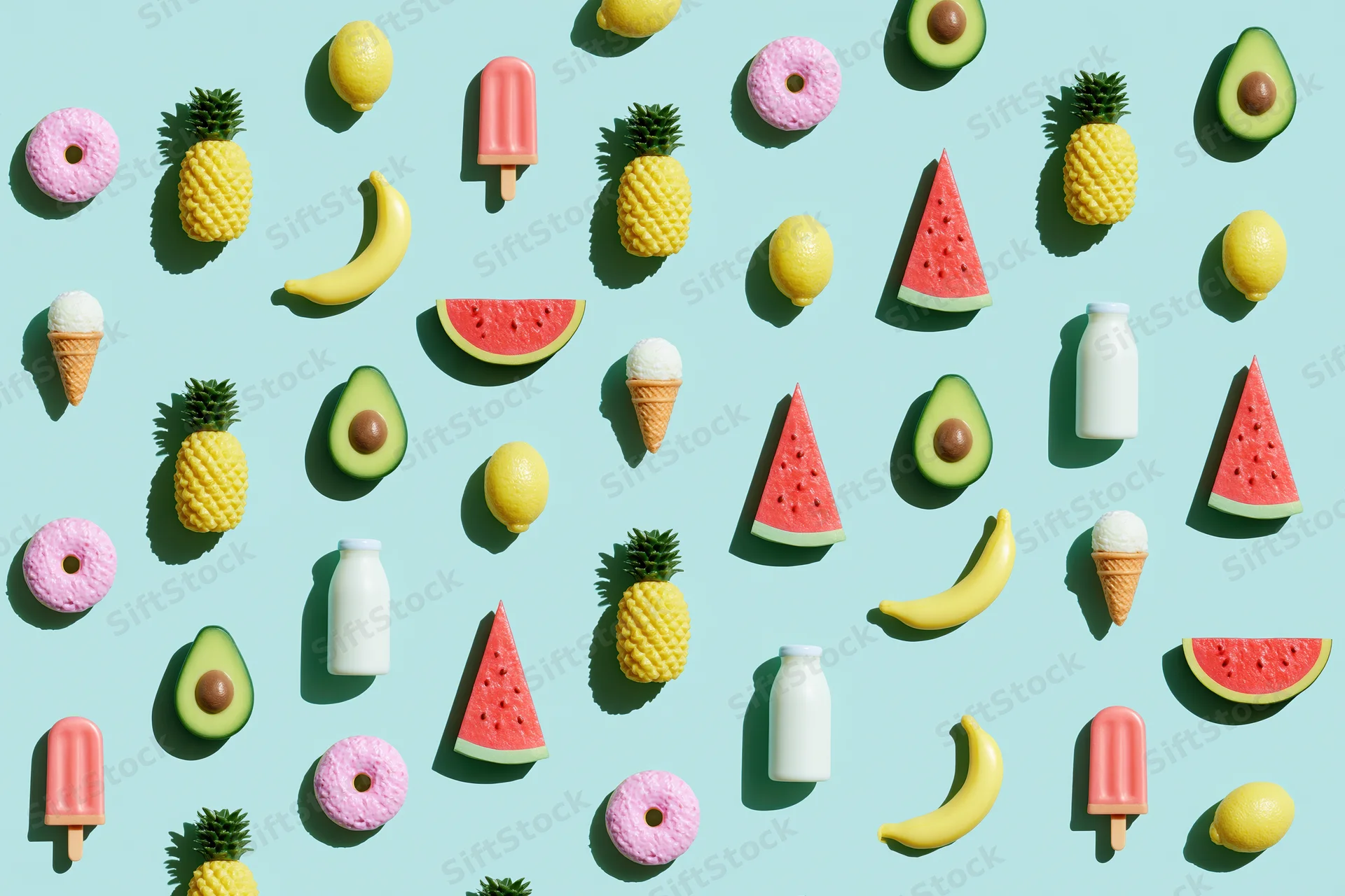 Summer fruits and desserts arranged in a flat lay pattern on a light blue background