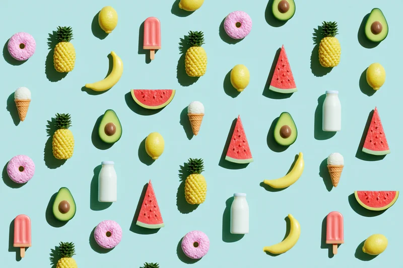 Summer fruits and desserts arranged in a flat lay pattern on a light blue background