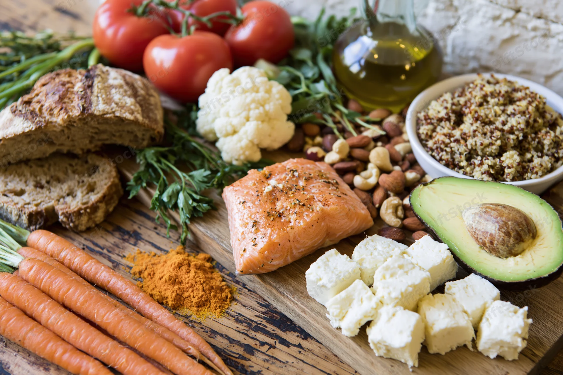 Mediterranean diet ingredients arranged on a wooden table with salmon, avocado, tomatoes, carrots, bread, cheese, nuts, and olive oil