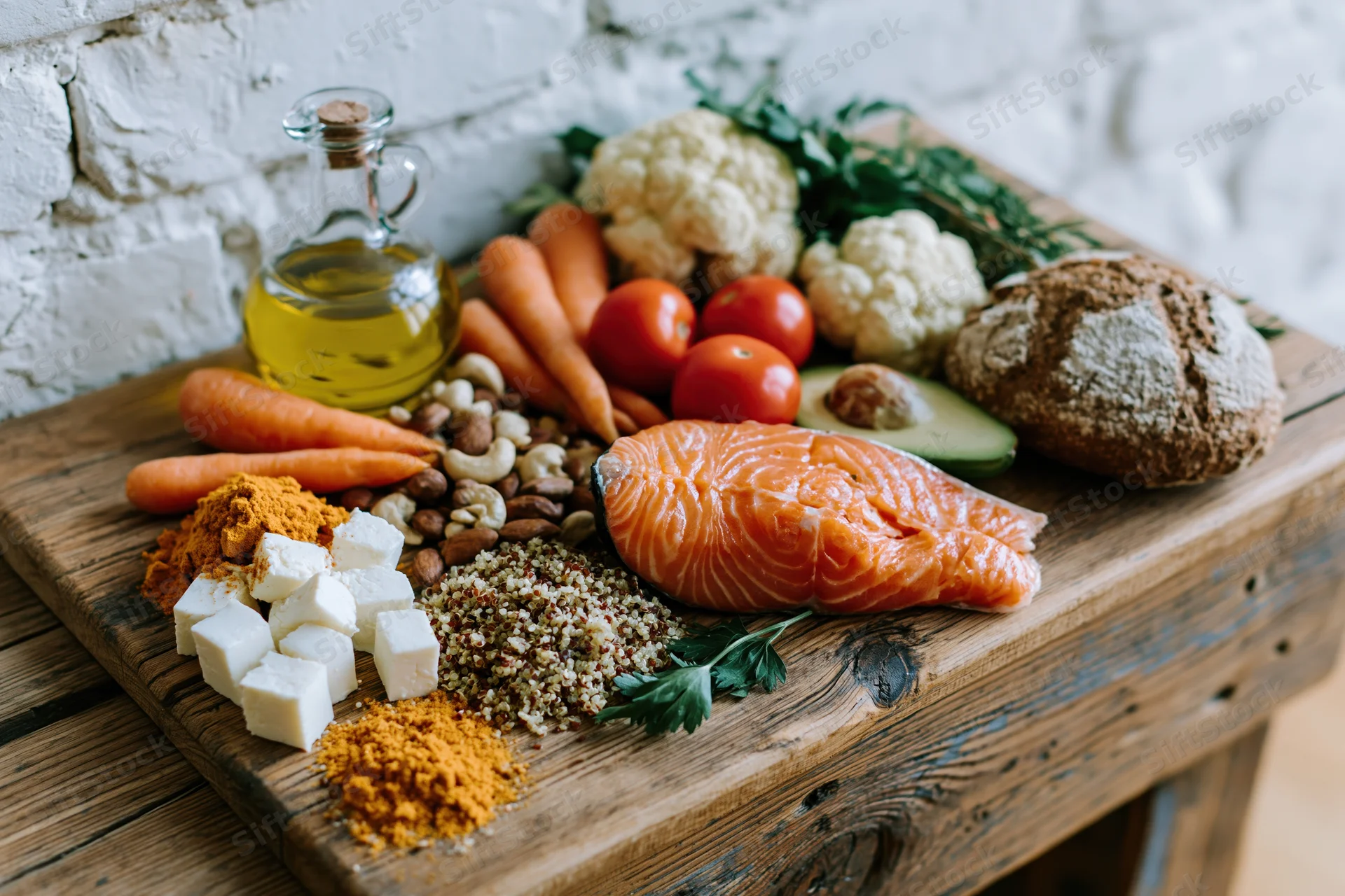Salmon and vegetables arranged with olive oil, bread, nuts, cheese, and spices on a wooden board