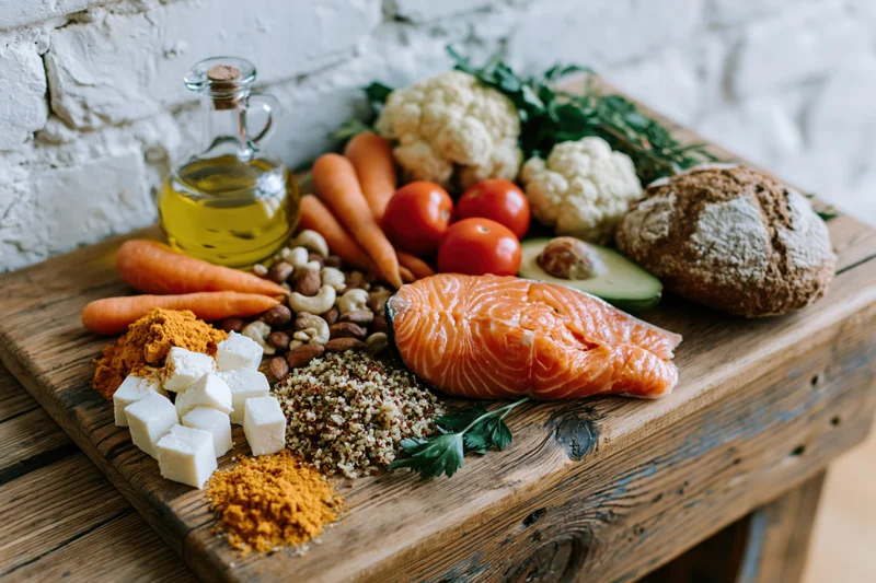 Salmon and vegetables arranged with olive oil, bread, nuts, cheese, and spices on a wooden board