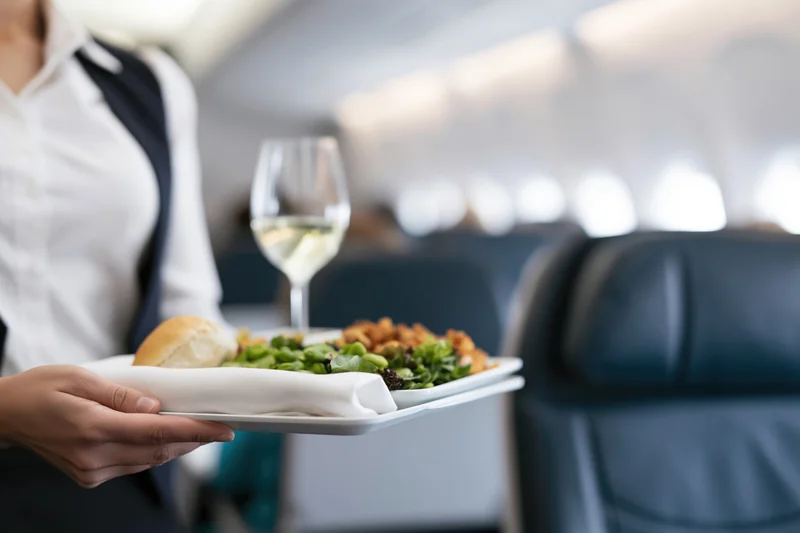 Flight attendant holding a meal tray with salad, bread and wine inside airplane cabin