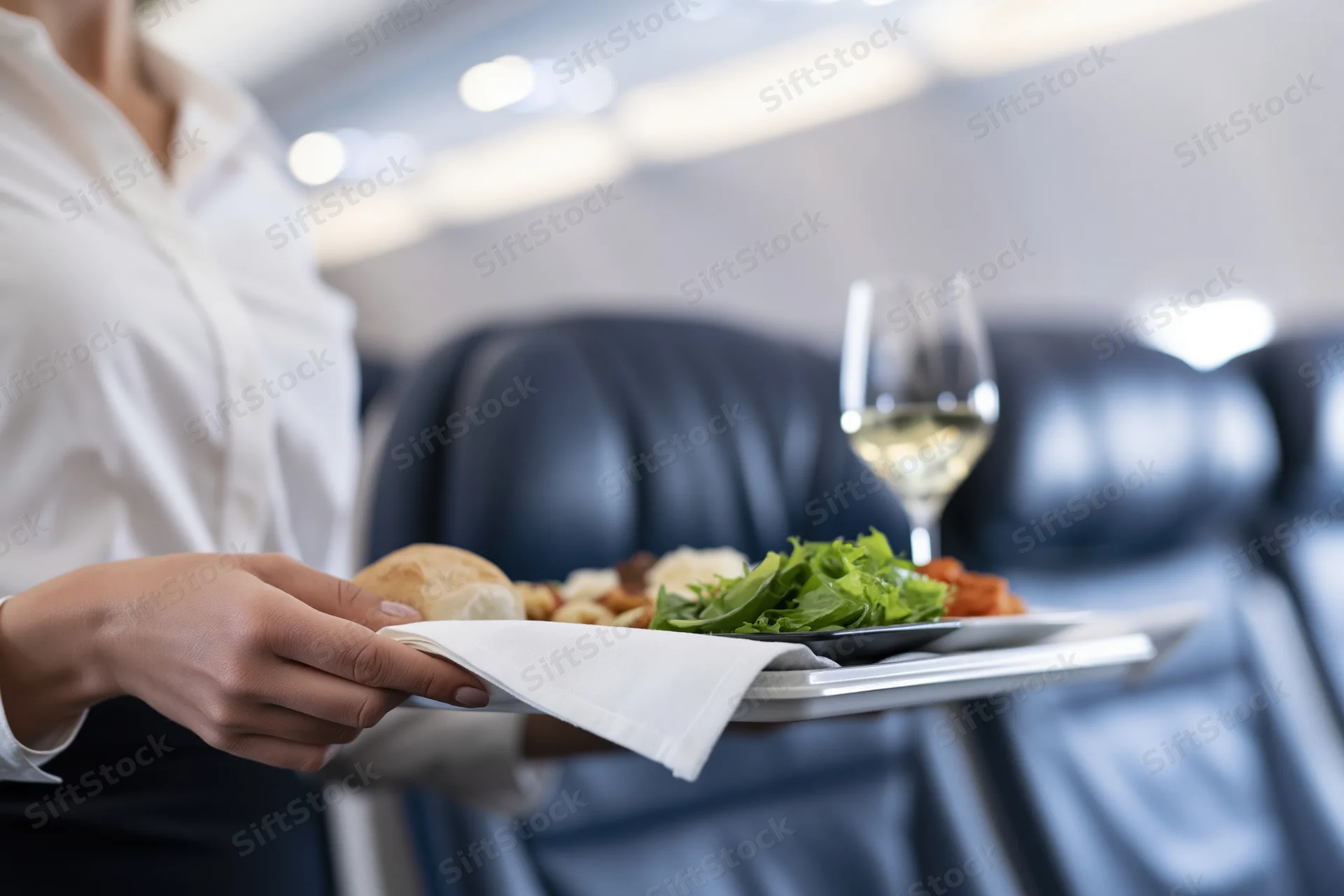 Flight attendant holding a meal service tray with food and wine in airplane cabin