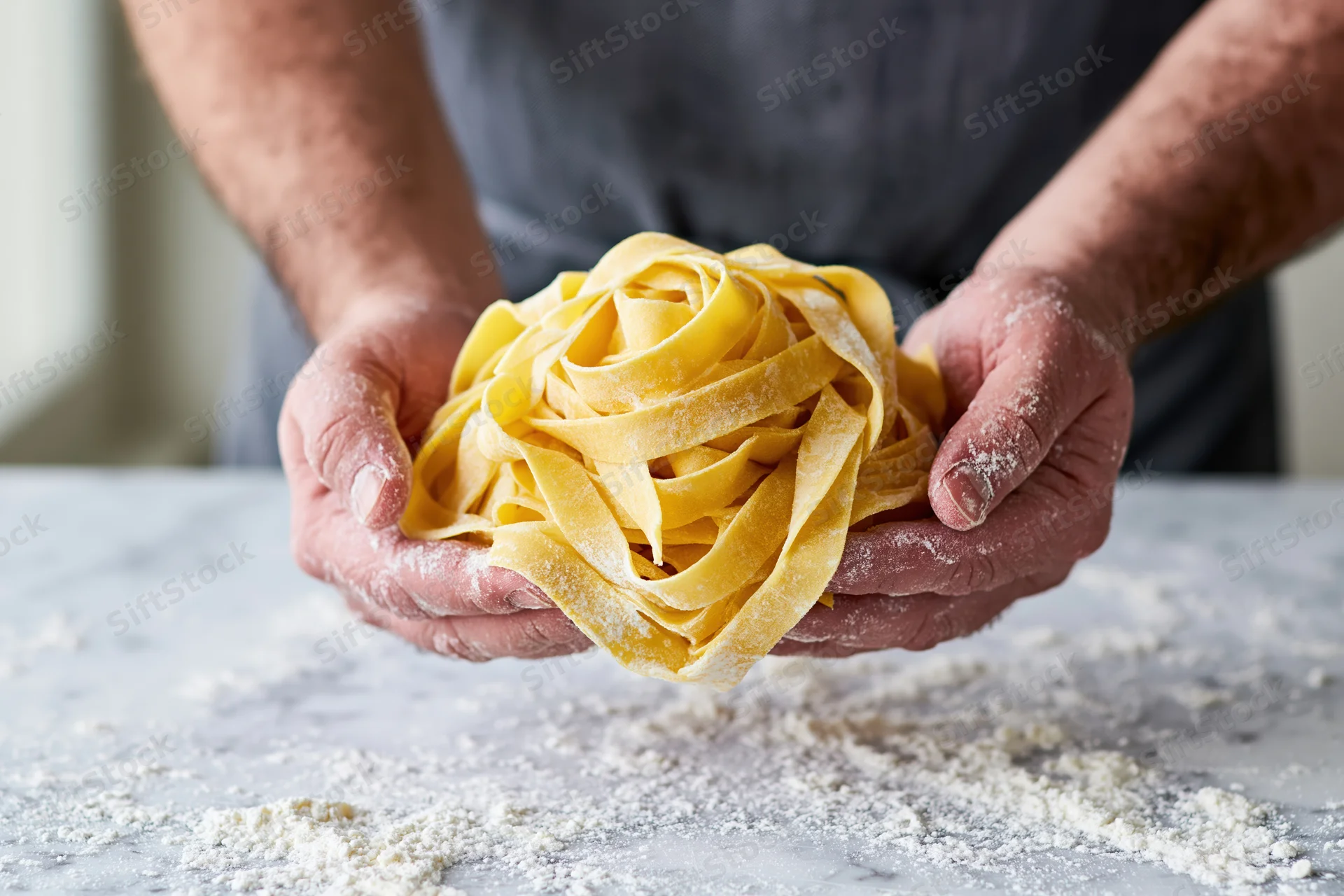 Man’s flour-dusted hands holding a nest of fresh egg pappardelle pasta over a marble countertop