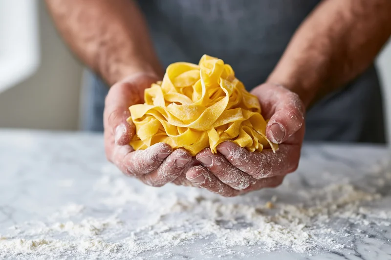 Man holding fresh egg pappardelle pasta in flour-dusted hands over marble countertop