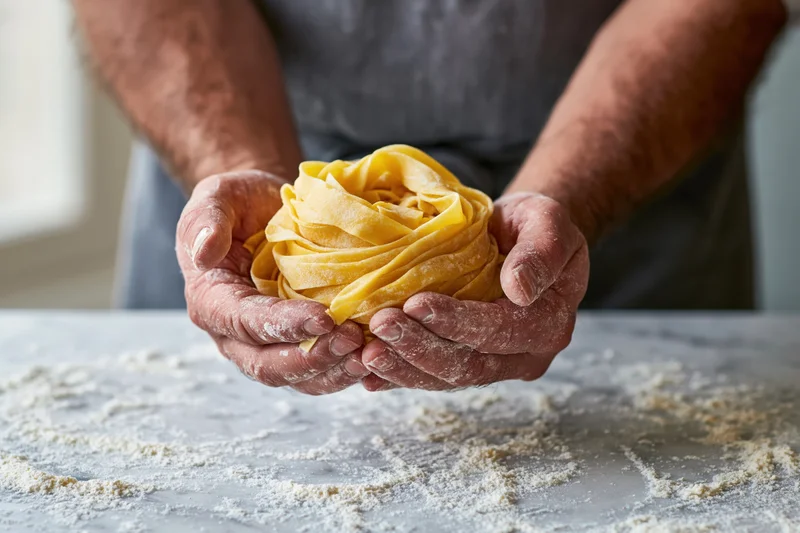 Man holding fresh egg pappardelle pasta in flour-dusted hands over a marble countertop