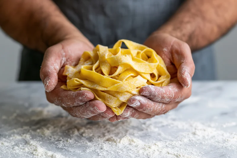 Man’s flour-dusted hands cradling fresh egg pappardelle pasta over a floured surface