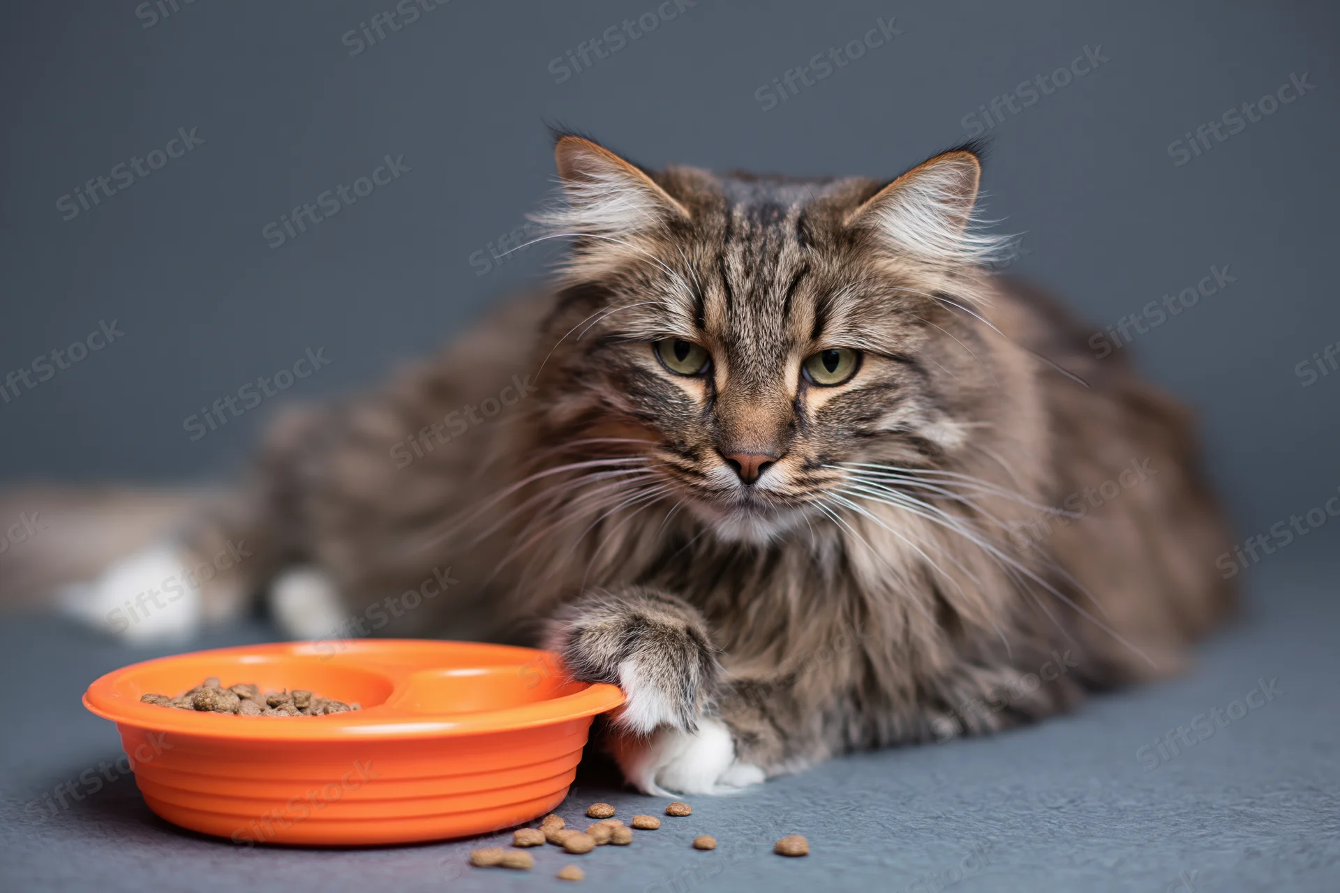 Fluffy tabby cat lying on grey surface with paw near orange food bowl