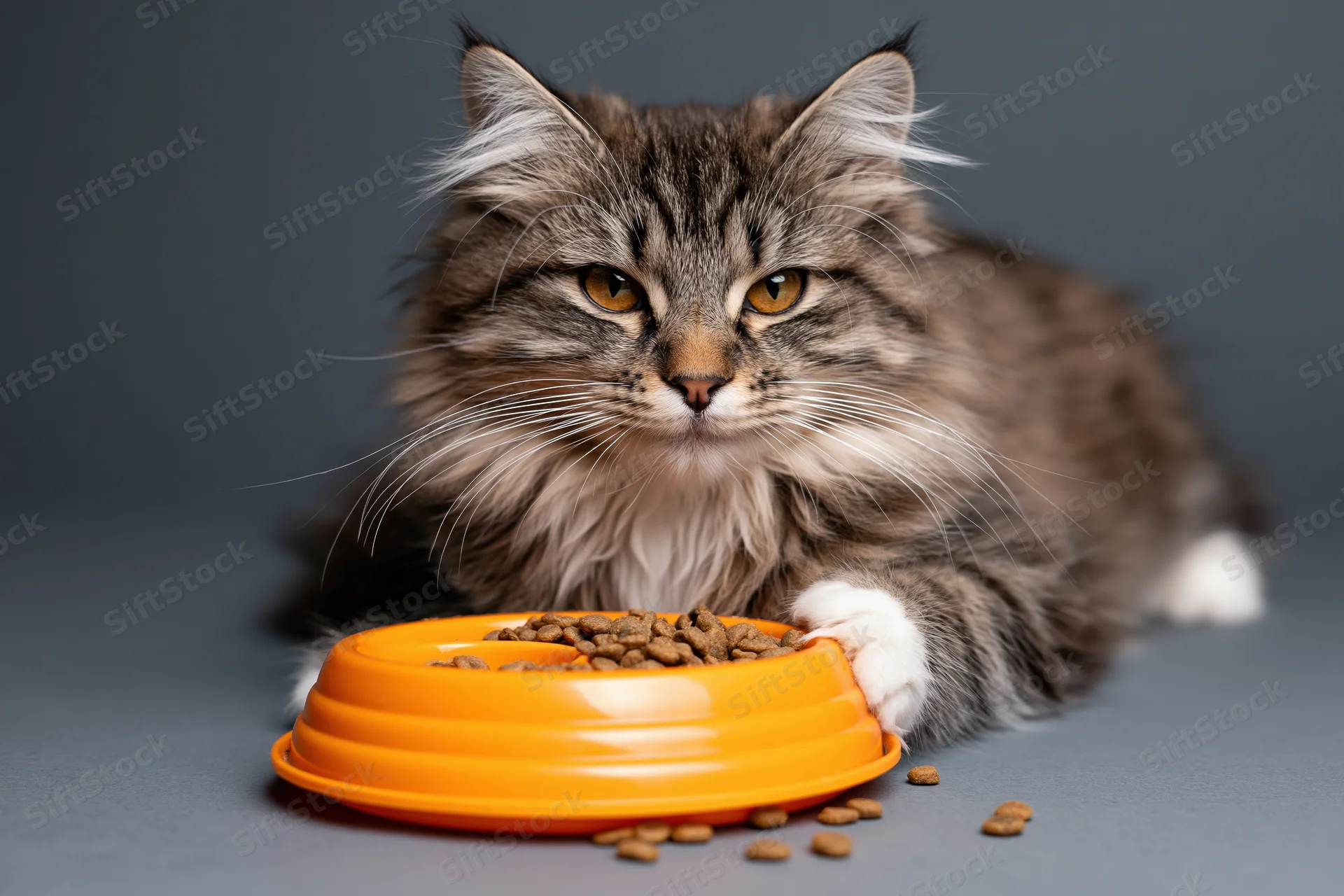 Fluffy tabby cat lying down with paw on orange bowl of dry food on grey surface