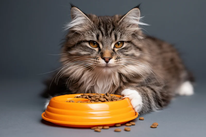 Fluffy tabby cat lying down with paw on orange bowl of dry food on grey surface