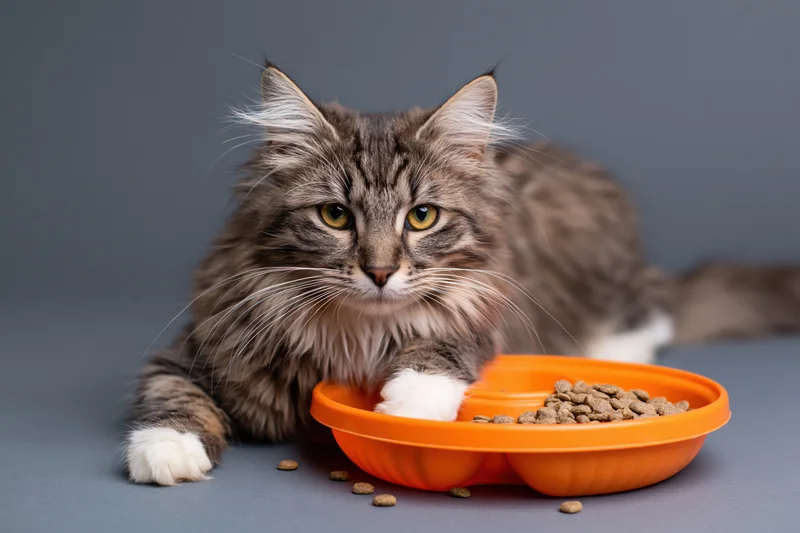 Fluffy tabby cat lying down with paw on orange bowl of dry food on grey surface