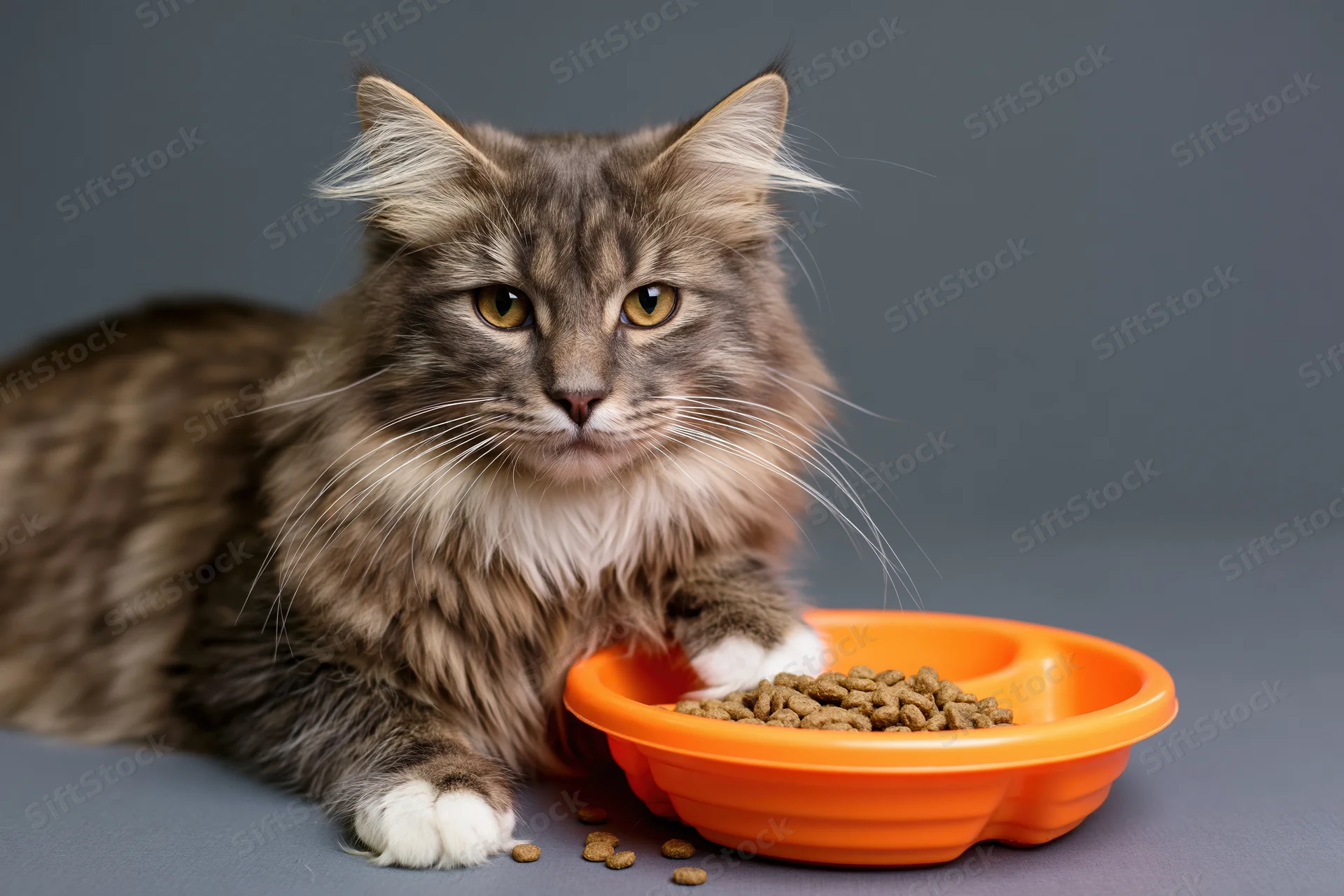 Fluffy tabby cat lying down pawing at an orange bowl of dry food on a grey surface