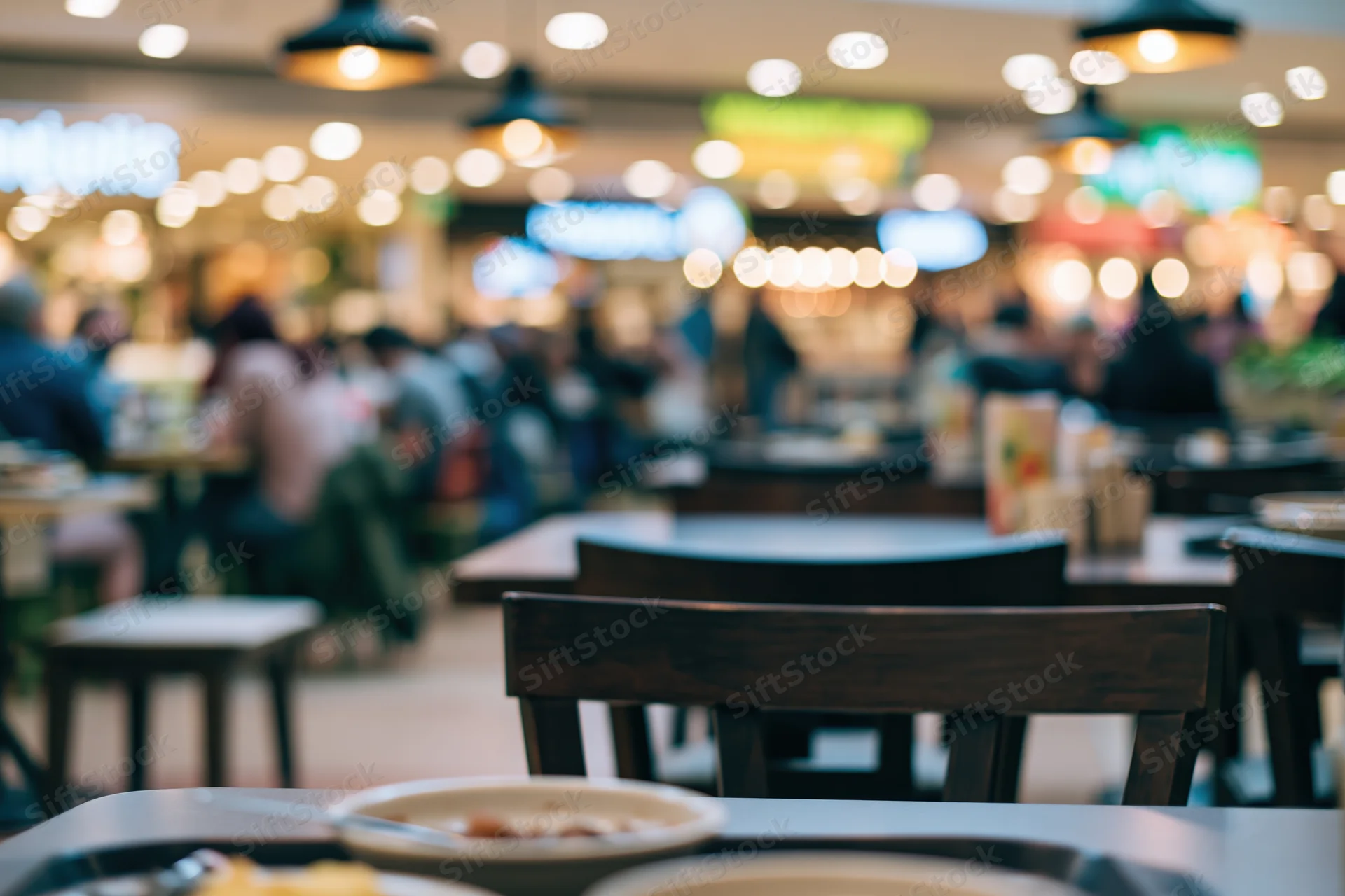 Low-angle view of empty table and chairs in a busy food court dining area