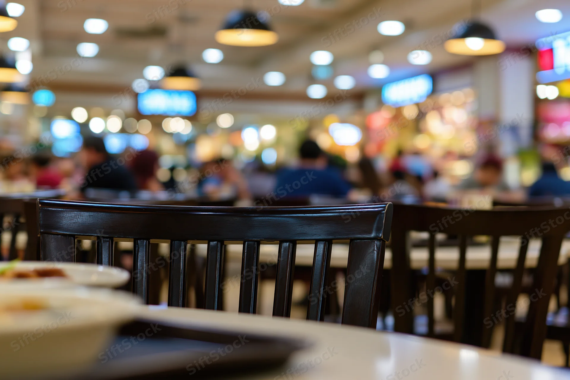 Dark wooden chair at a table in a busy food court dining area