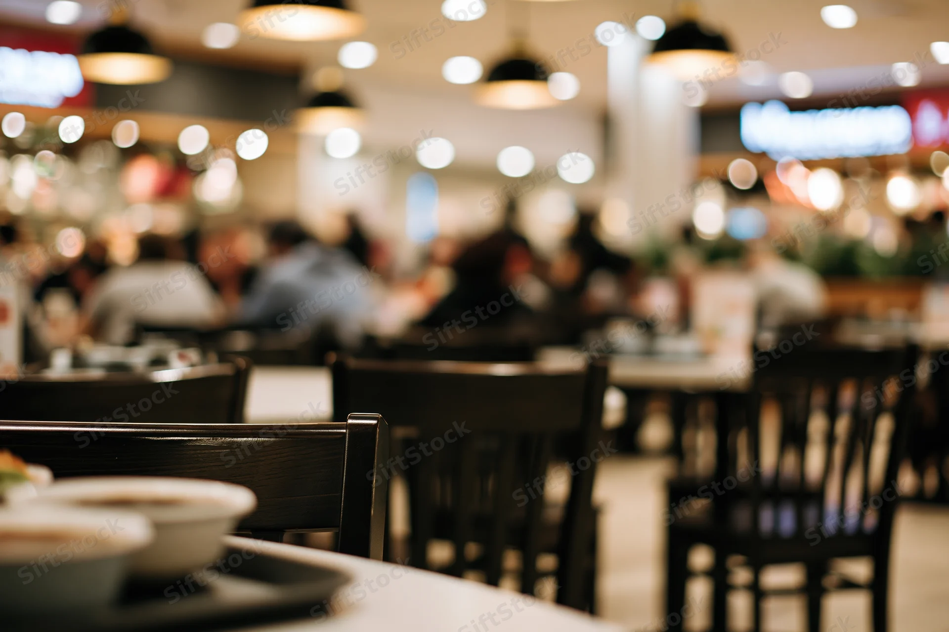 Low-angle view of dark wooden chairs and tables in a busy food court dining area