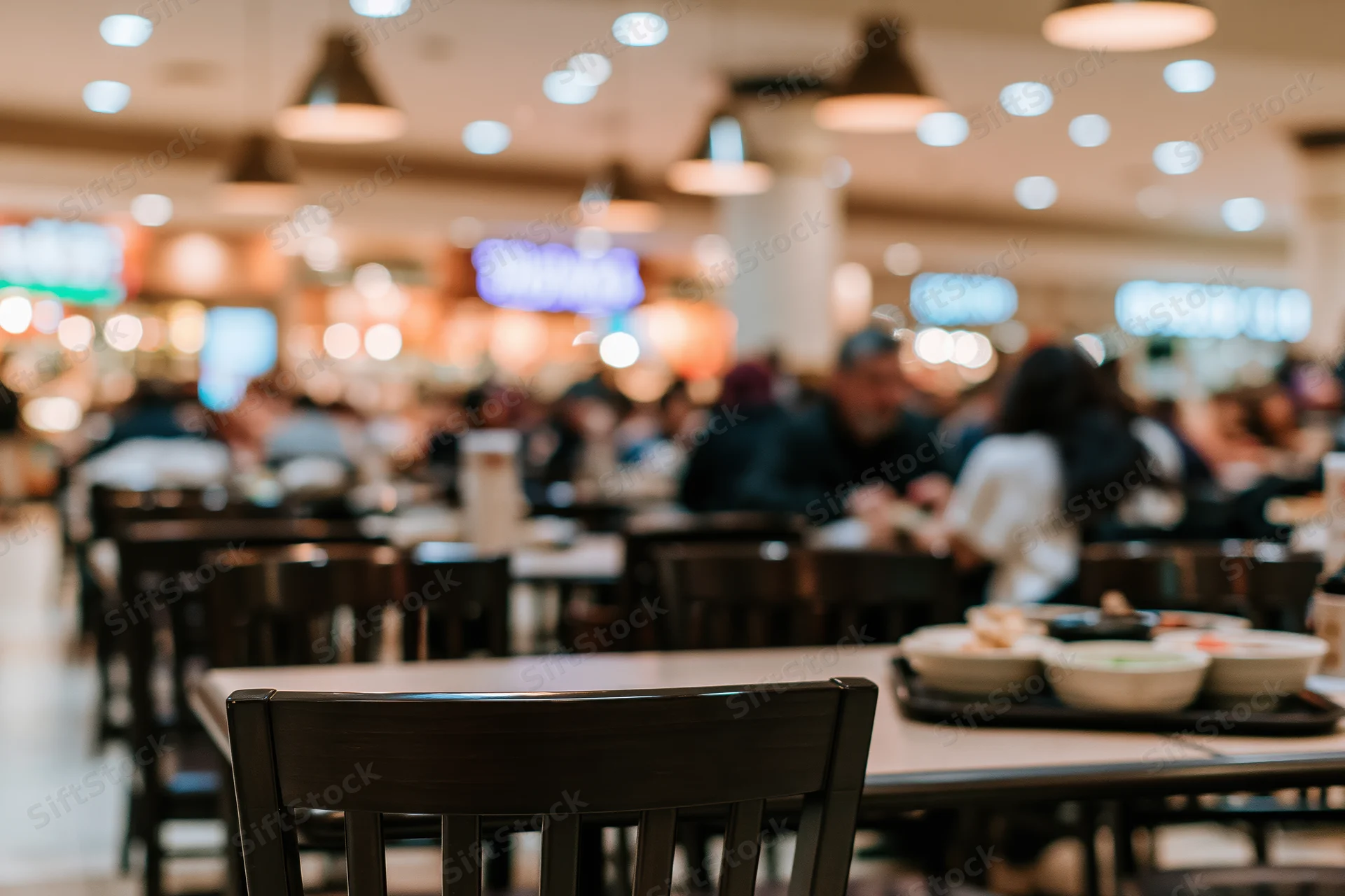 Food court dining area with tables and chairs, people eating in background, low table level view