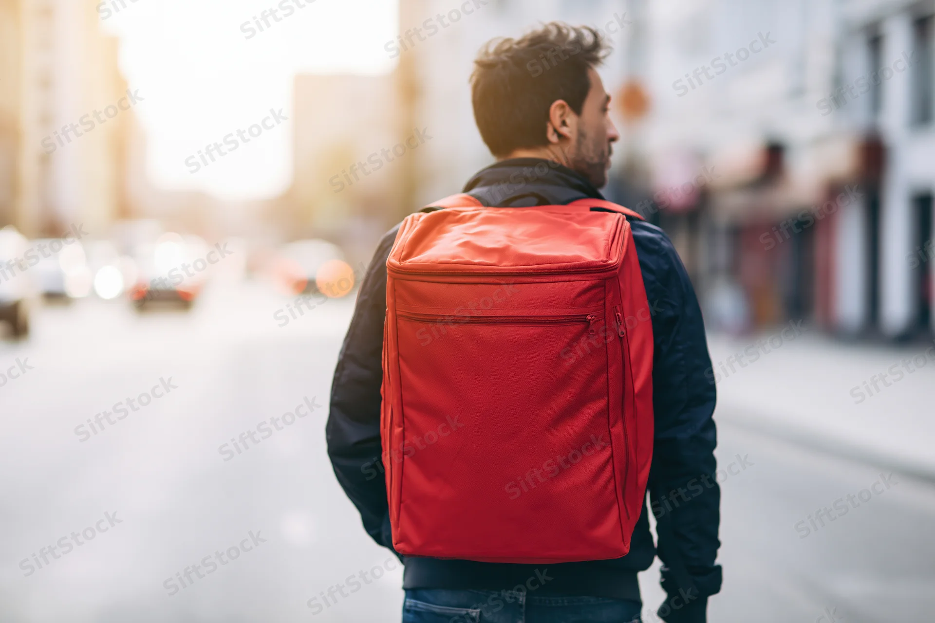 Man with red backpack walking along urban street