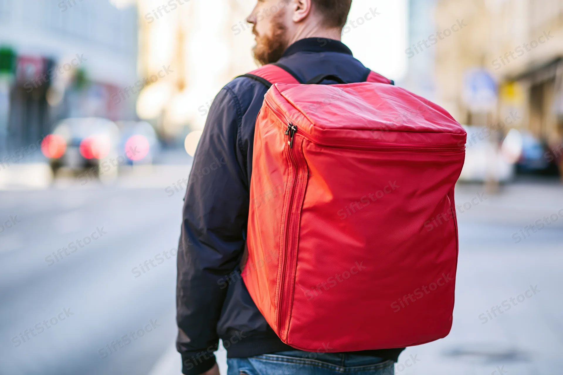 Man with red delivery backpack walking on city street