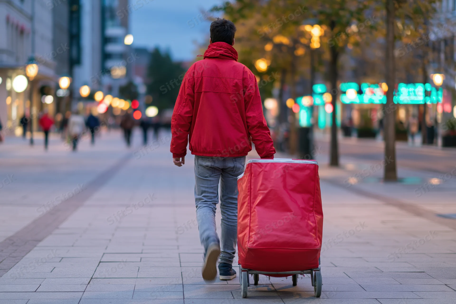 Man in red jacket walking away with delivery trolley on city sidewalk at dusk