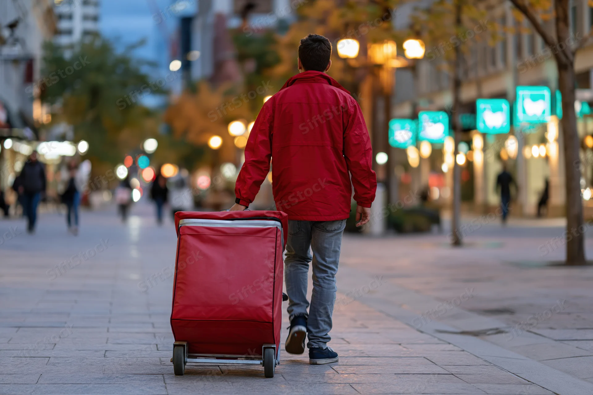 Man in red jacket pushing delivery cart down city sidewalk at twilight