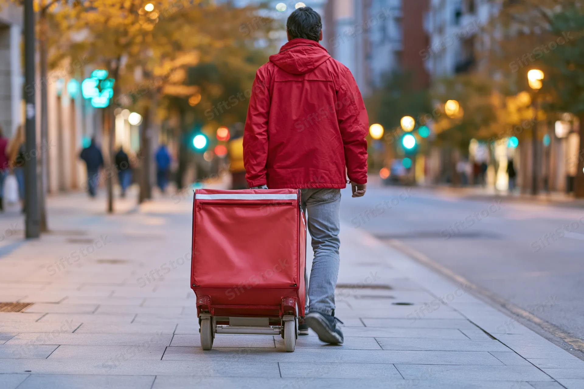 Man in red jacket pushing delivery cart down city sidewalk at twilight