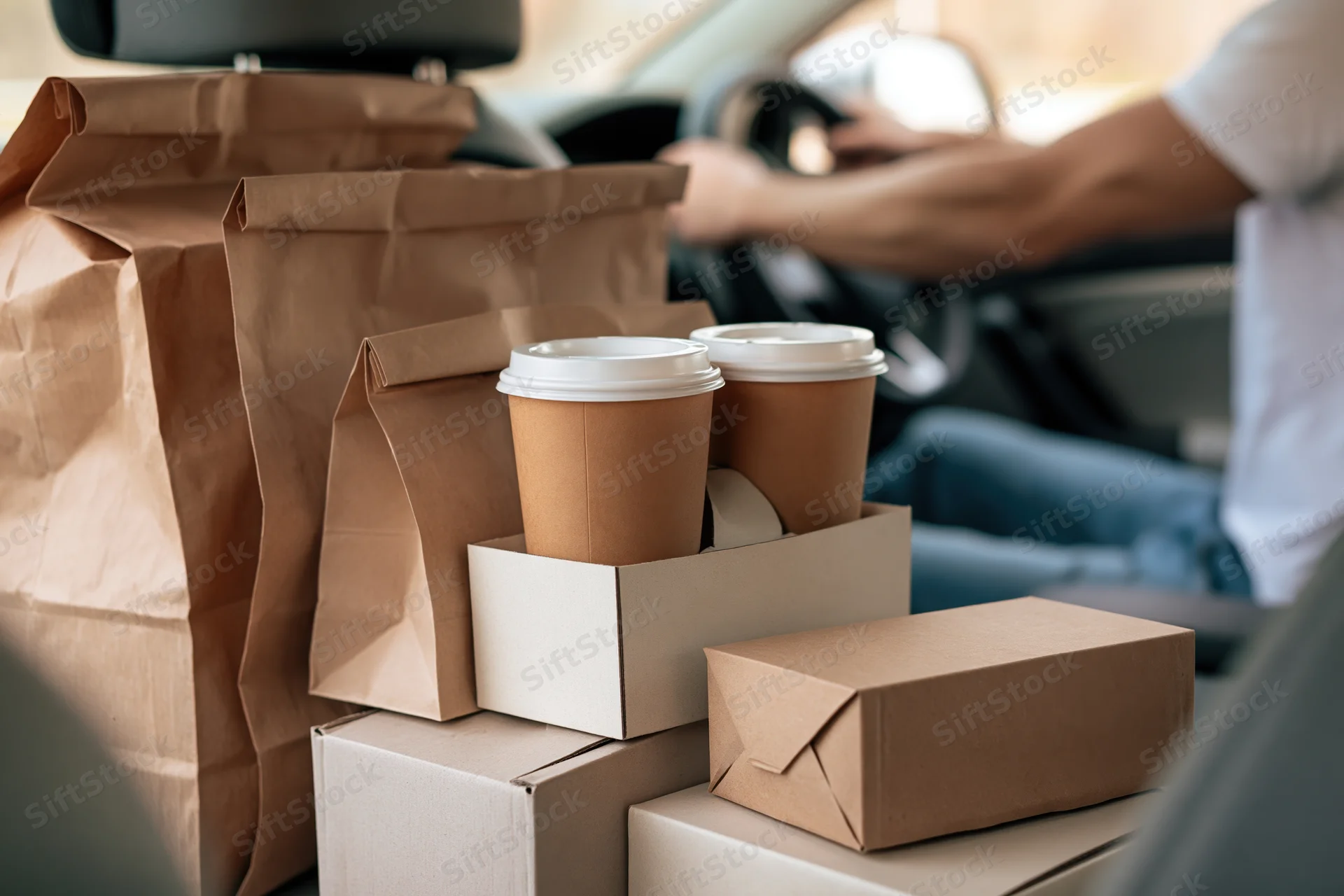 Food delivery order with coffee cups and paper bags on passenger seat of car