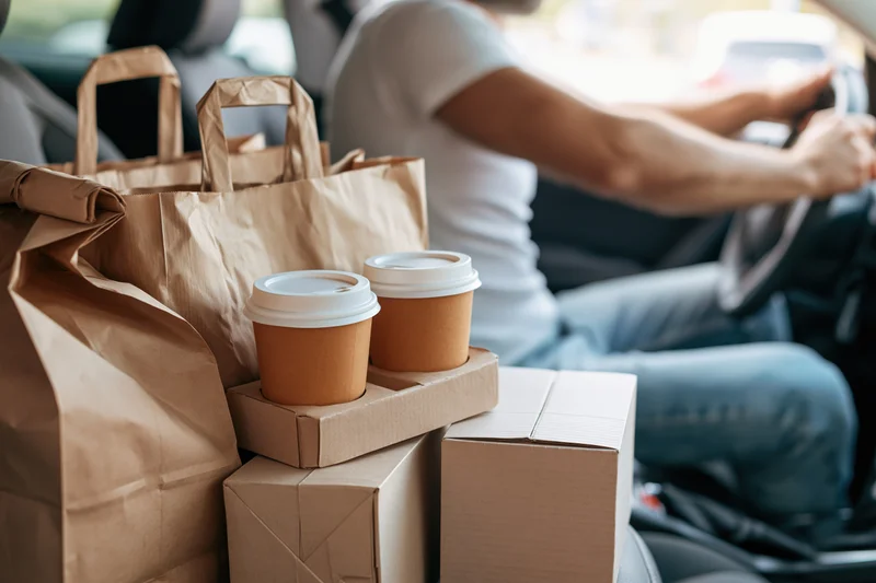 Food delivery order with coffee cups and paper bags on passenger seat of car