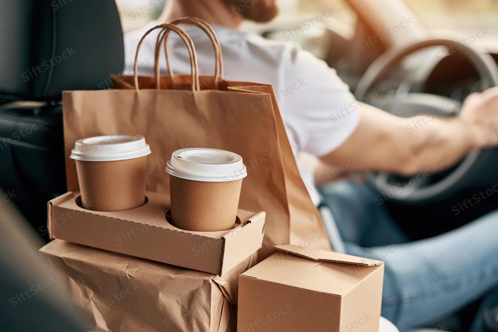 Food delivery order with coffee cups and packages on passenger seat of car with driver in background