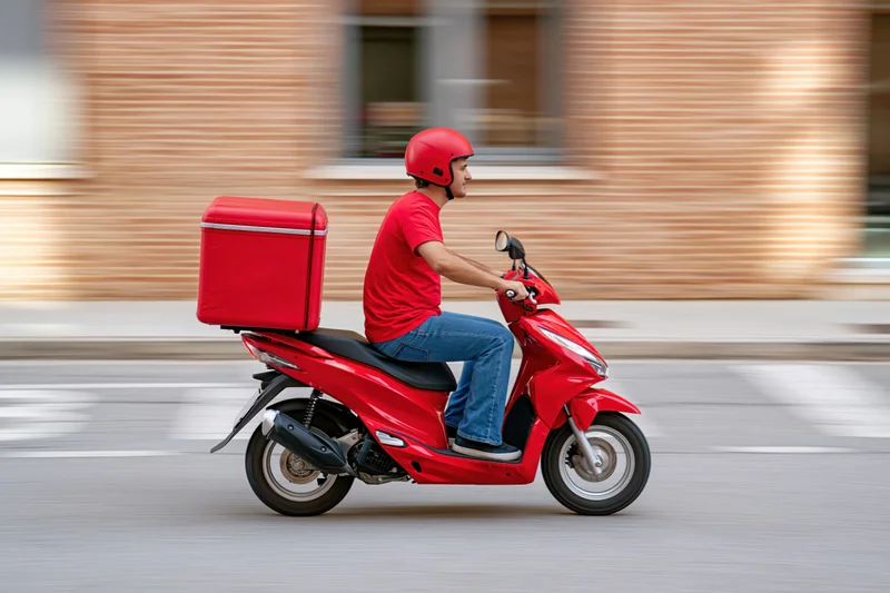 Delivery rider on red scooter speeding through city street