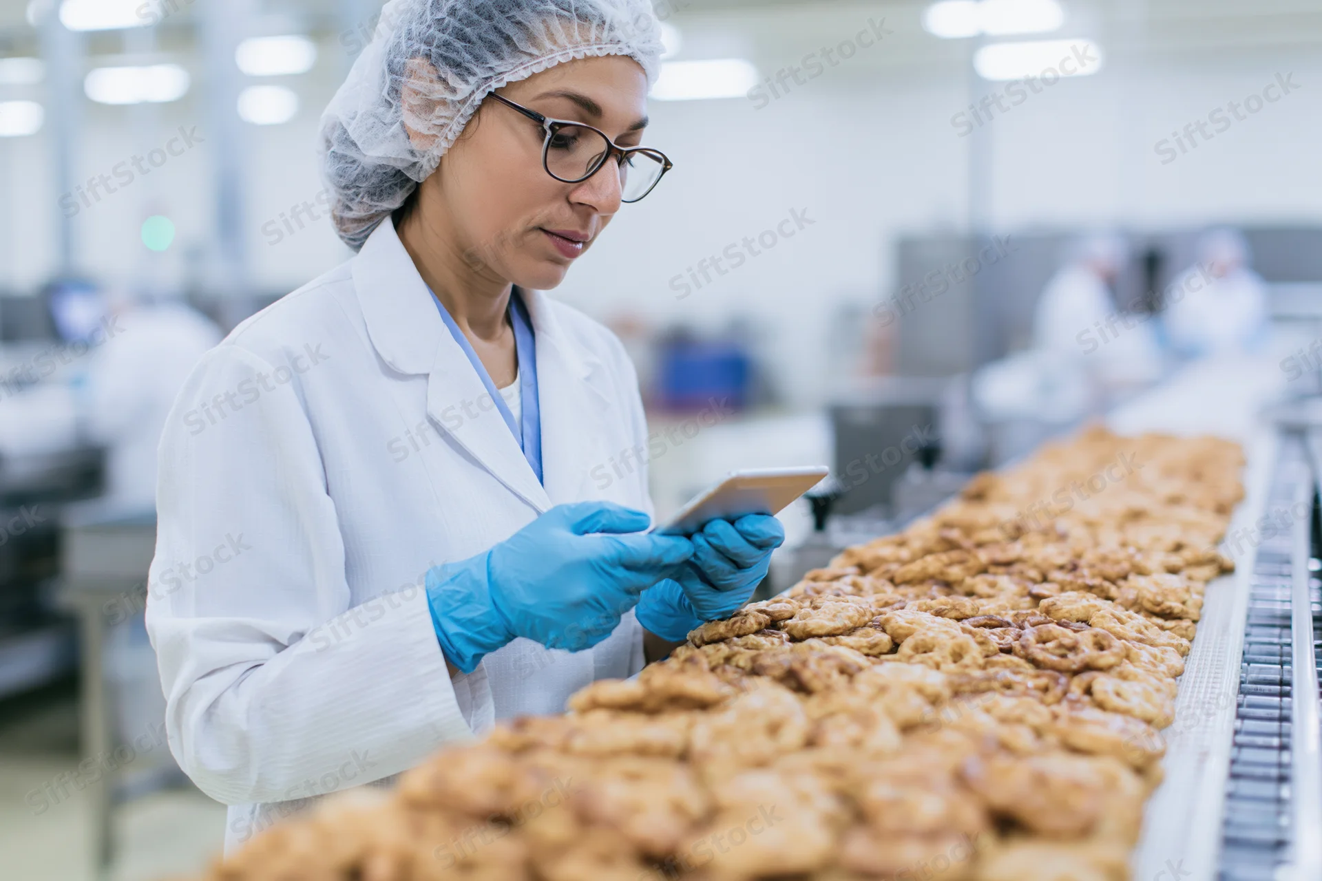 Woman in lab coat and hairnet inspecting cookies on conveyor in food factory