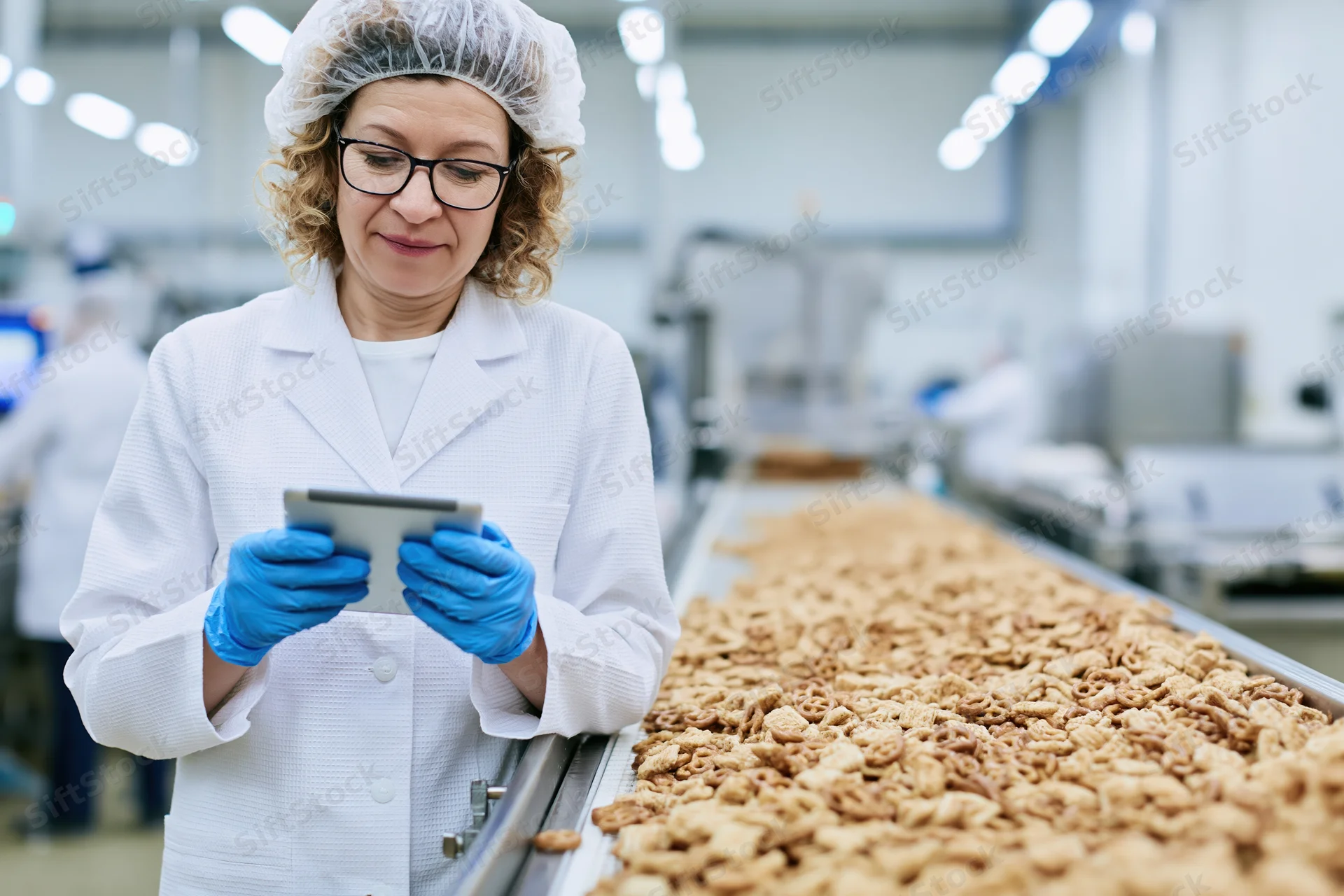 Woman in lab coat and hairnet inspecting cookies on conveyor belt in food factory