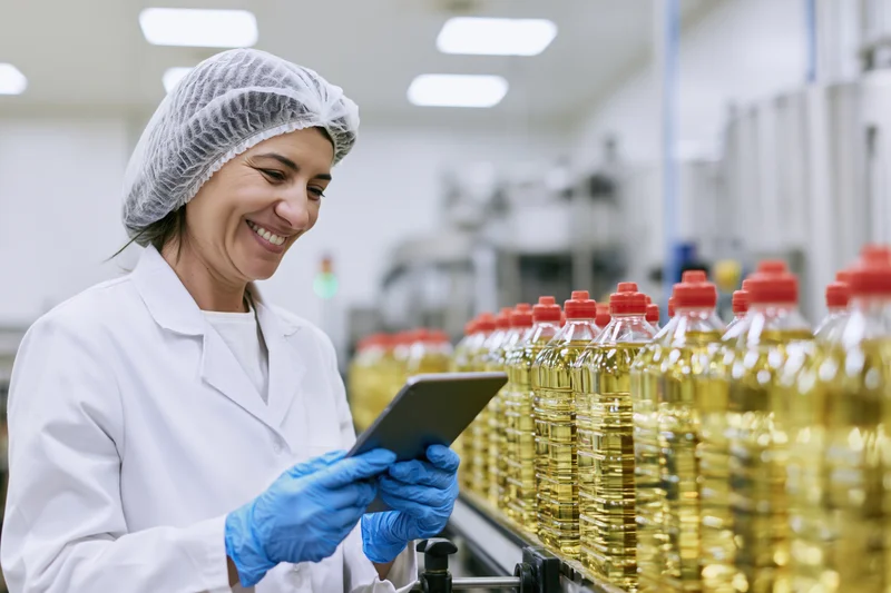 Woman in lab coat and hairnet smiling while using tablet on oil bottle production line