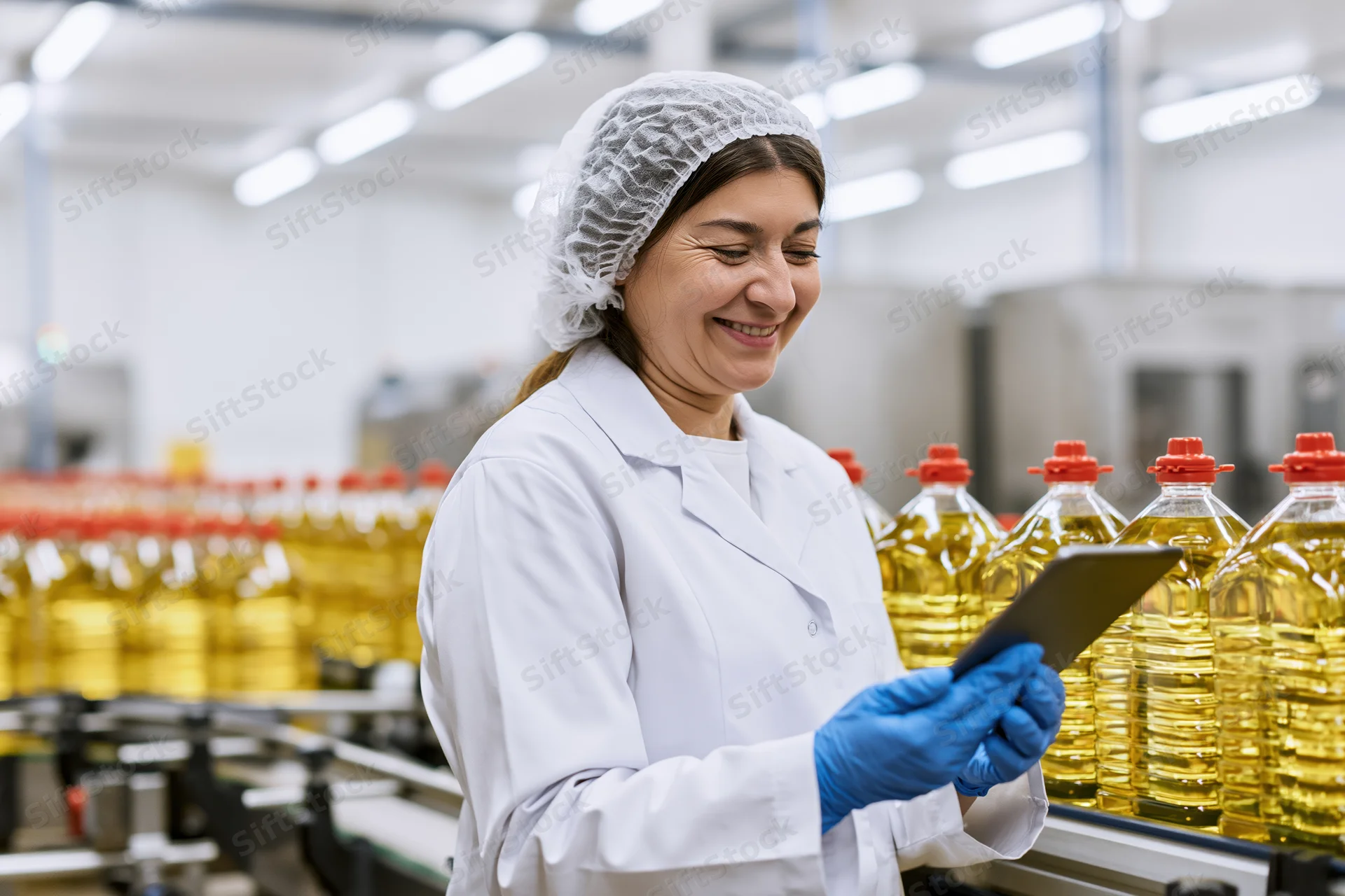 Woman in lab coat and hairnet smiling while inspecting production line with tablet in food factory