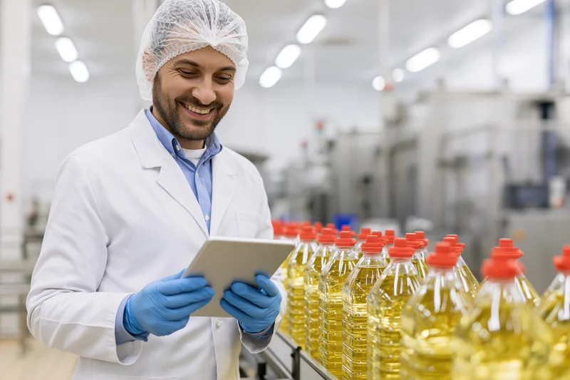 Male quality control worker in lab coat and hairnet smiling while using tablet beside oil bottles on production line