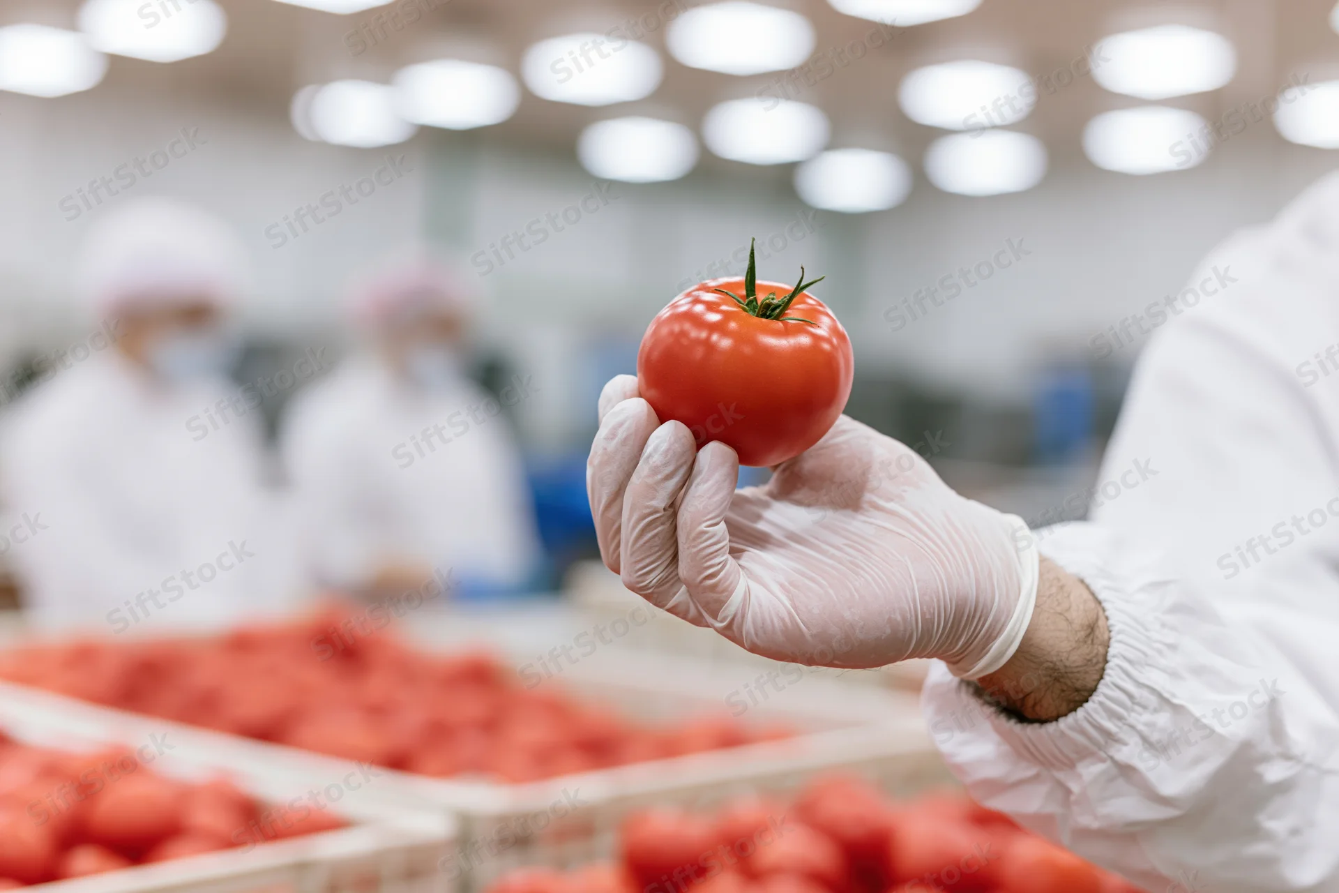 Worker holding a tomato for quality inspection in a food processing facility