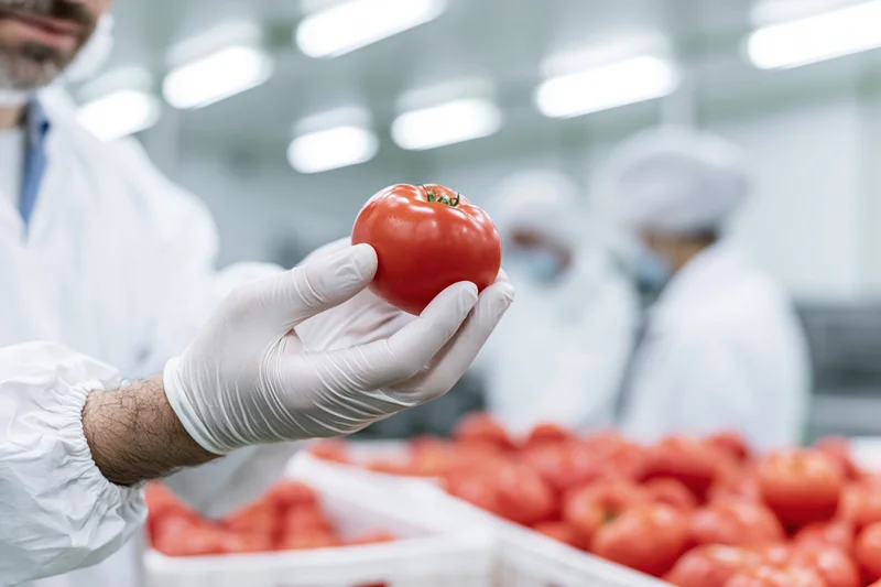 Worker inspecting a tomato in a food processing facility