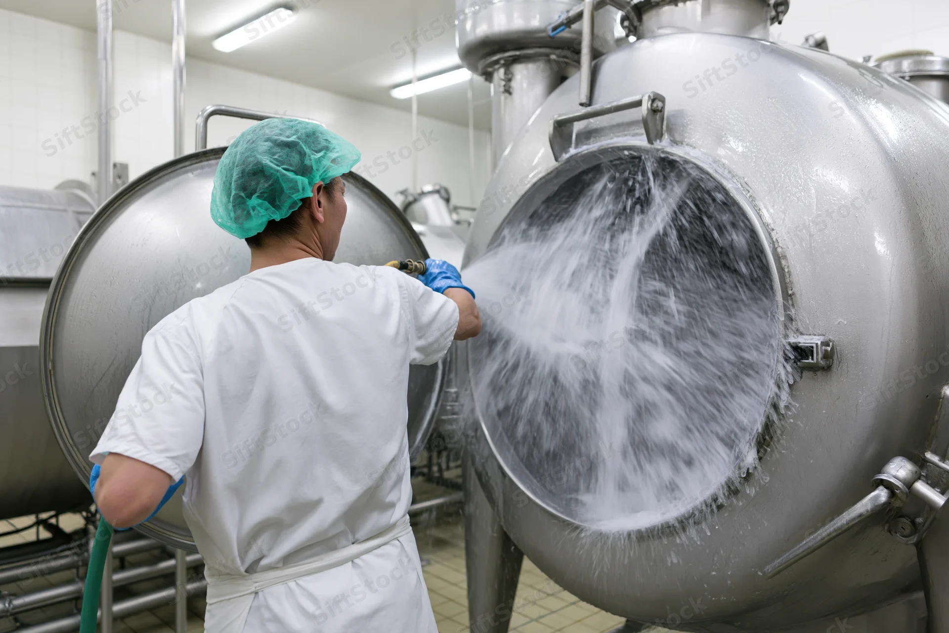 Worker cleaning large stainless steel tank with hose in food processing facility