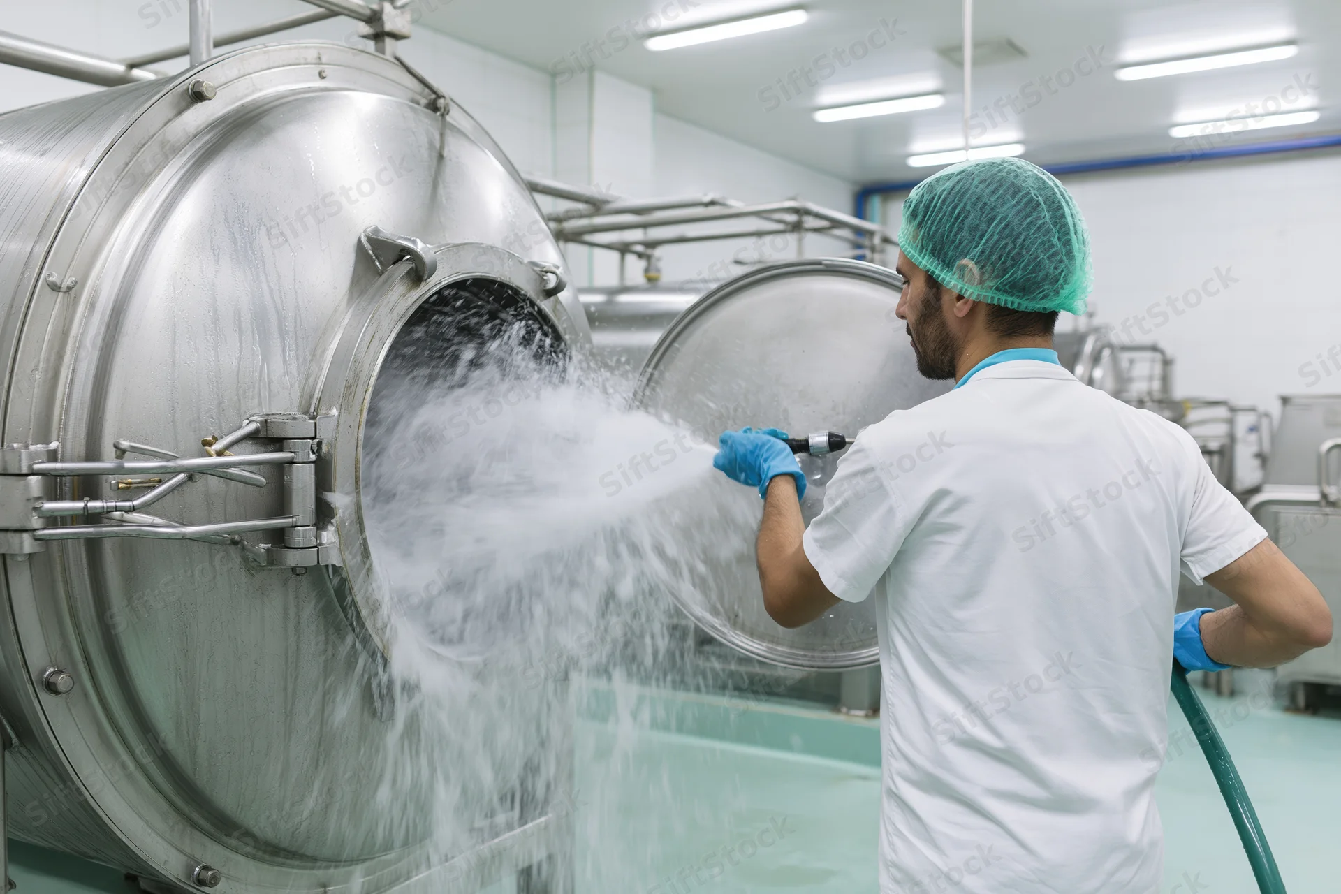 Worker cleaning large stainless steel tank with hose in food factory