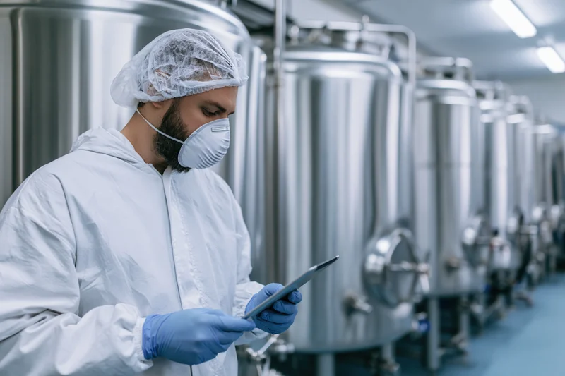 Technician in white coveralls using digital tablet during inspection in brewery fermentation facility