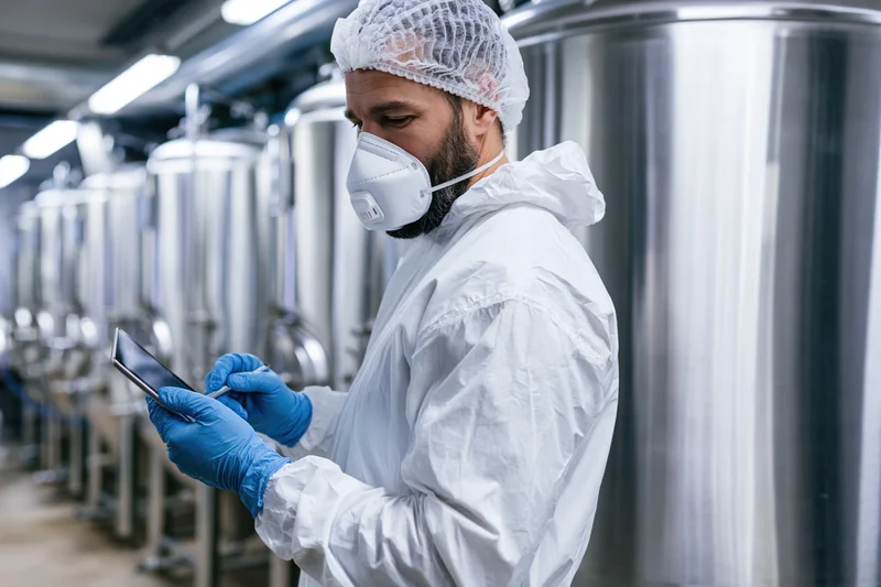 Technician in white coveralls and mask using smartphone in brewery production area
