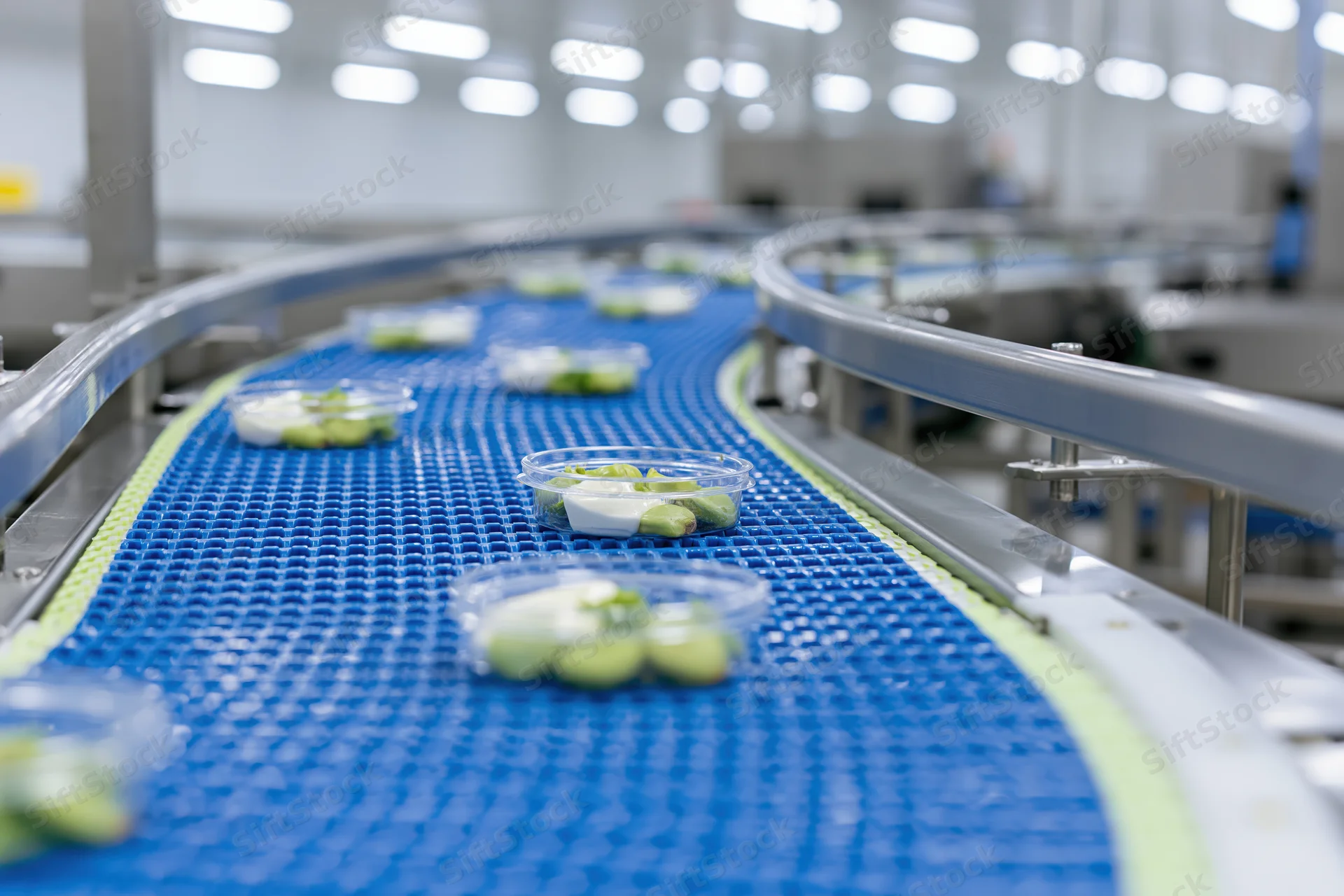 Plastic containers with green vegetables moving along a curved blue conveyor belt in a food processing factory