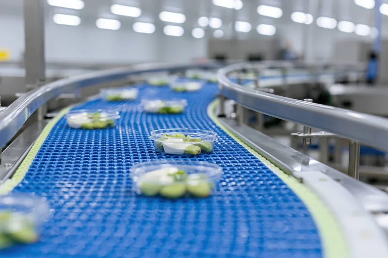 Plastic containers with green vegetables moving along a curved blue conveyor belt in a food processing factory